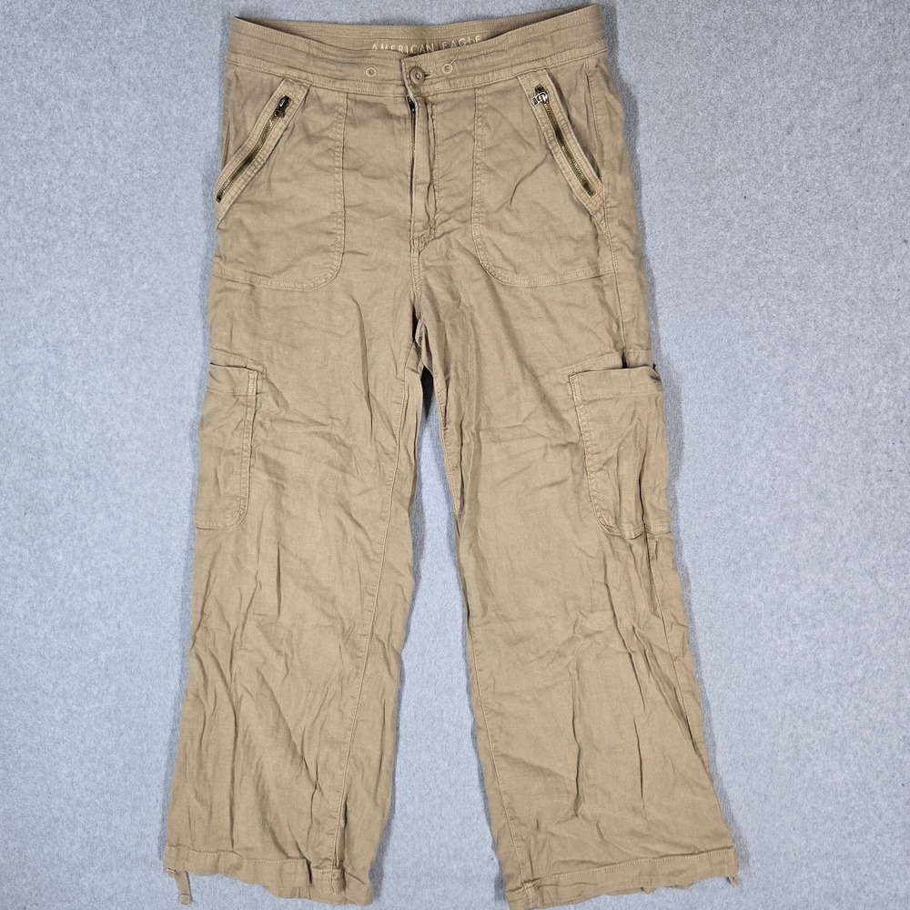 American Eagle Outfitters Women Pants 10 Beige Cotton Linen Cargo Dreamy Drape